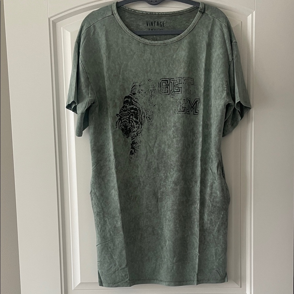 Vintage Canvas Faded Sage Tiger  "Get 'Em" Graphic T Shirt Dress Small NWOT